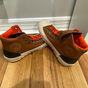 Converse Brown Leather High-Top Sneakers with Orange Lining and White Sole
